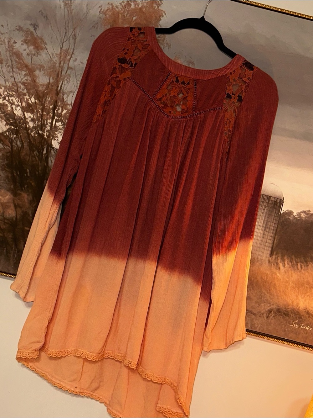 Patrons of Peace Boho Ombré Festival Dress - Brick Red and Peach Lace